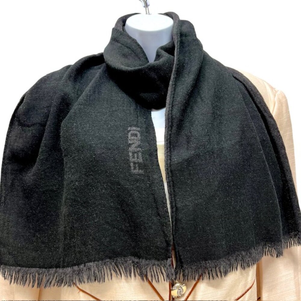 Vintage Fendi Scarf for Men/Women Riversable 62"x13" Black/Gray Fringed (19) - Picture 2 of 6